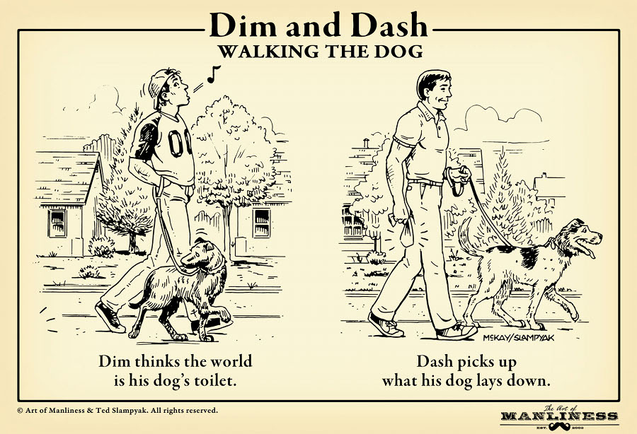 Dim and Dash walking their dogs illustration.
