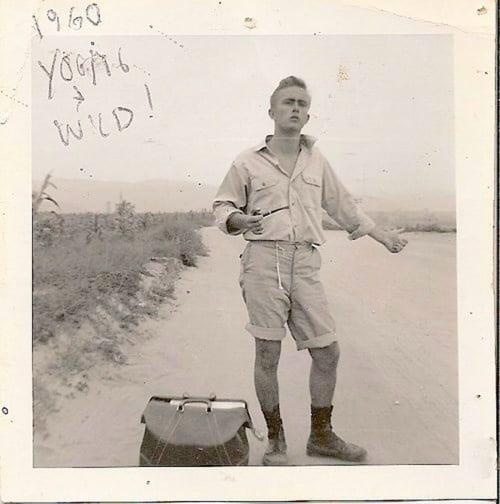 Vintage man standing at the road illustration.