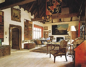 Vintage tables, chairs and paintings on the wall illustration.