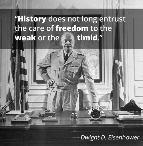 Vintage quote by Dwight D. Eisenhower, man standing on mid the flags.