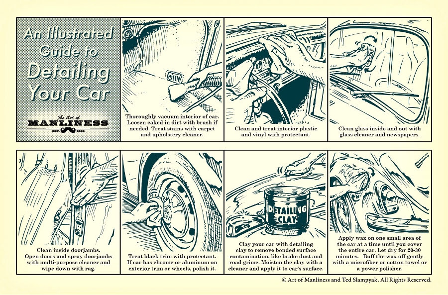 Thoroughly vacuum interior of car. Loosen caked in dirt with brush if needed. Treat stains with carpet and upholstery cleaner. Clean and treat interior plastic and vinyl with protectant. Clean glass inside and out with glass cleaner and newspapers. Clean inside doorjambs. Open doors and spray doorjambs with multi-purpose cleaner and wipe down with rag. Treat black trim with protectant. If car has chrome or aluminum on exterior trim or wheels, polish it. Clay your car with detailing clay to remove bonded surface contamination, like brake dust and road grime. Moisten the clay with a cleaner and apply it to car’s surface. Apply wax on one small area of the car at a time until you cover the entire car. Let dry for 20-30 minutes. Buff the wax off gently with a microfiber or cotton towel or a power polisher. 