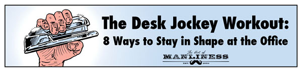 desk jockey workout man crunching stapler illustration