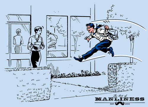 businessman jumping hedges parkour commute illustration