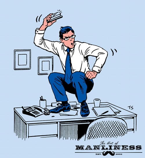 Businessman doing groks squats on desk illustration.