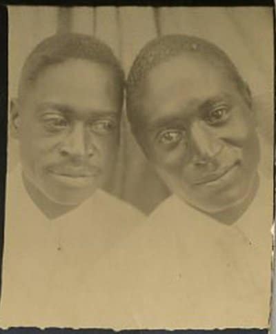 Vintage two men close up black and white photo illustration.