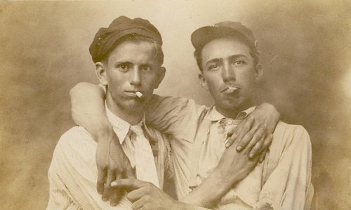 Vintage two young boys smoking Cigarette, black and white photo illustration.