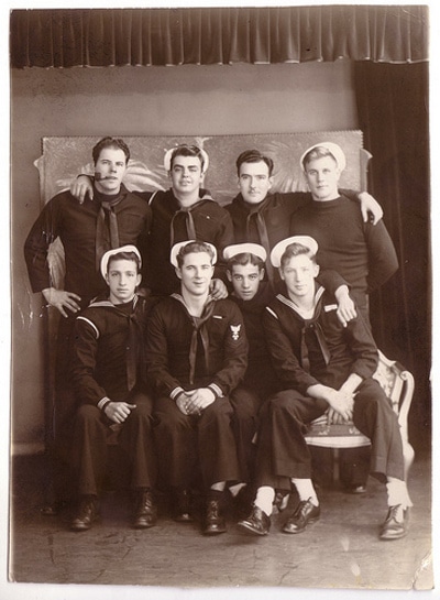 Vintage group photo of men's black and white illustration.