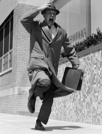 Vintage man businessman overcoat running yelling late.