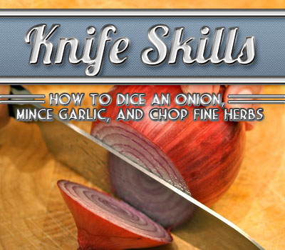 Large chef's knife chopping red onion.