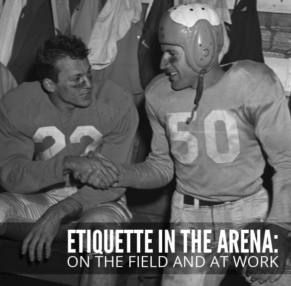 Vintage football players shaking hands after game etiquette.