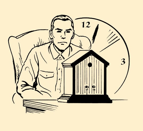 Man staring at clock watching hands illustration.