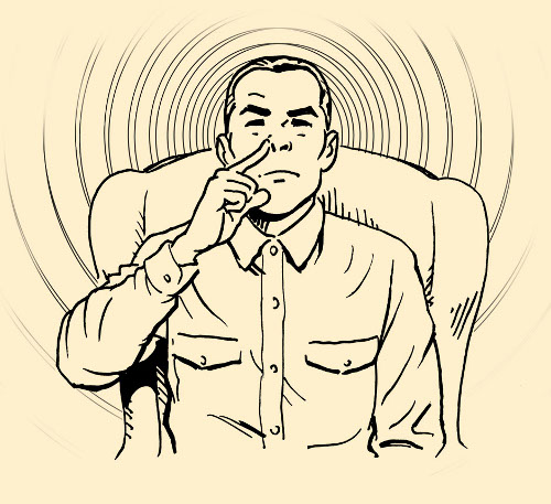 Man in chair plugging nose nostril illustration.