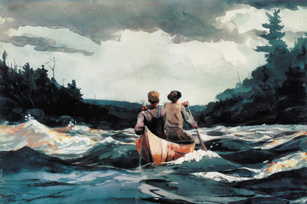 Painting two men in canoe on wide river gray sky.