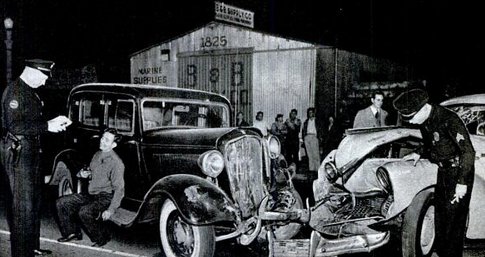 Vintage 1930s car accident wreck police on scene inspectioning.