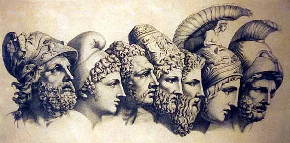 Greek gods and goddesses faces staring off illustration.