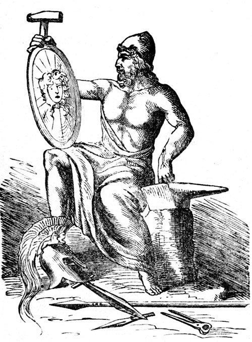 Hephaestus (Vulcan) black white drawing looking at shield.