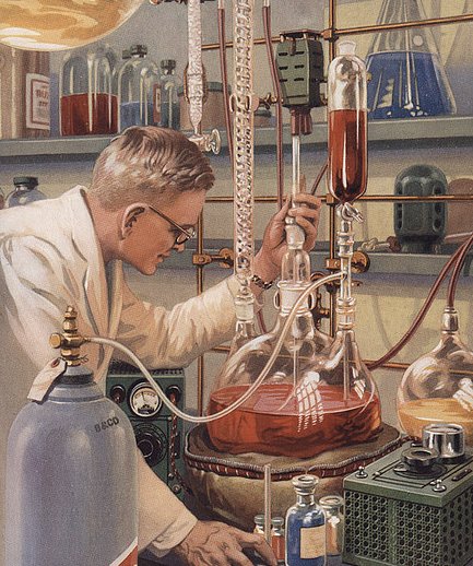 Vintage scientist man in lab with beakers fluids illustration.