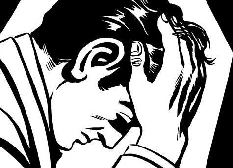 Black white illustration man with head in hands and looking stressed.