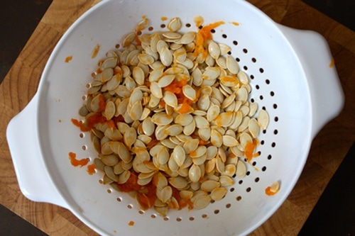 Step 4 pumpkin seeds in colander ready for rinsing