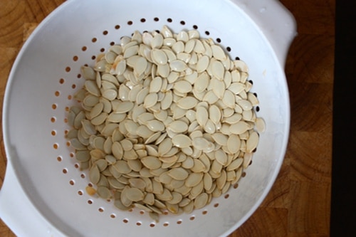 Step 5 pumpkin seeds in colander clean after rinsing