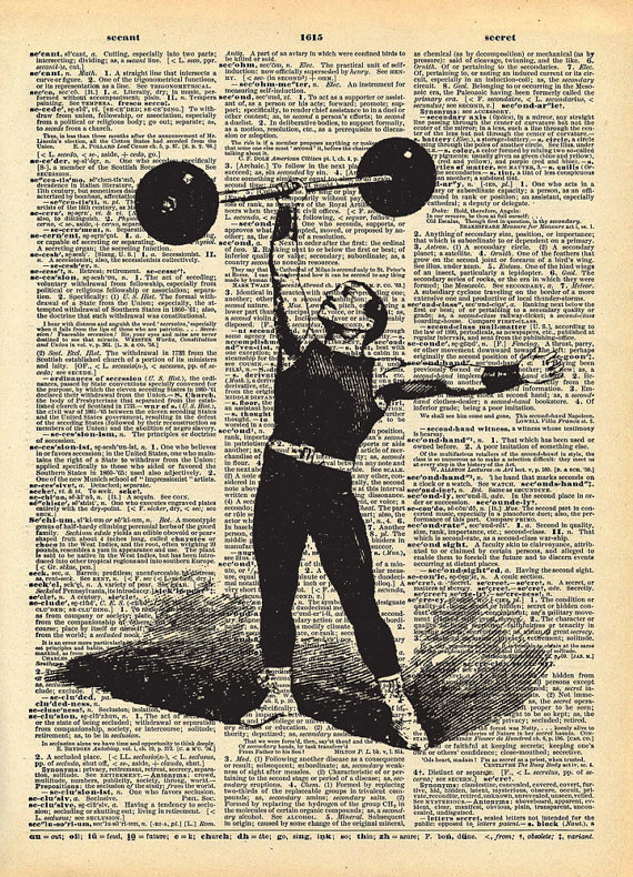 Man lifting barbell illustration over dictionary page.