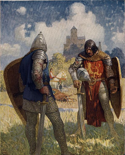 Knights in field about to fight with swords painting.