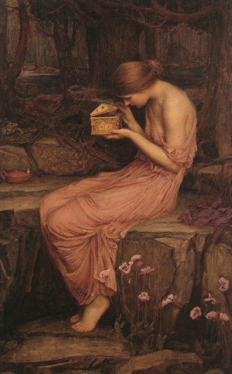 Greek myth pandora painting flowing pink robe.