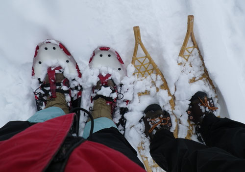 Modren and traditional snow shoes.