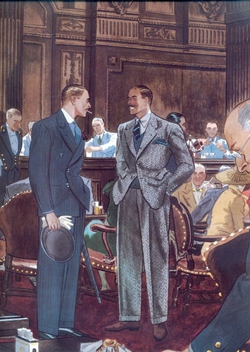 Vintage businessmen networking at restaurant in suits painting illustration.