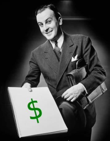 Smiling vintage businessman with briefcase and notebook with money sign.