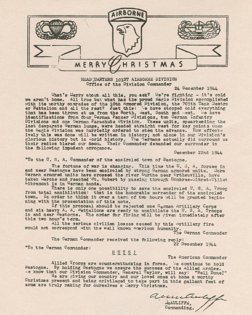 General Anthony McAuliffe, commander of the 101st airborne division, issued a flier.