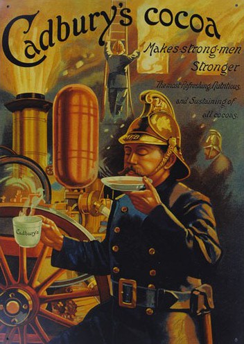 Vintage Cadbury's cocoa advertisement fireman drinking. 