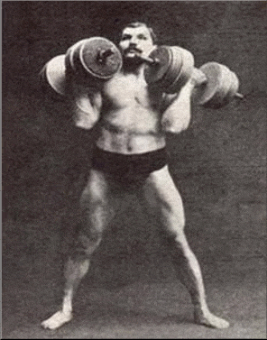 Vintage strongman lifting barbells in each hand.