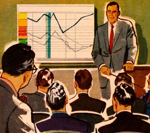 Business executive giving presentation with line graph illustration. 