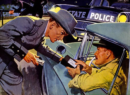 Vintage illustration man getting pulled over by police showing id.