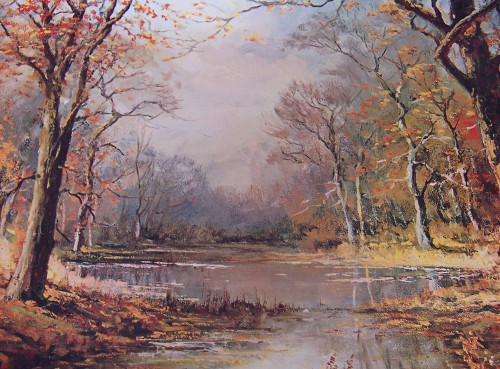 Robert Wood forest in the fall pond painting outdoors art.