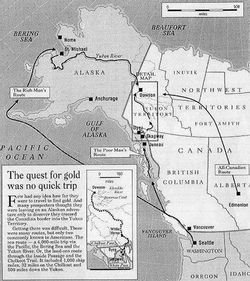 Yukon gold Alaska map routes to Canada. 