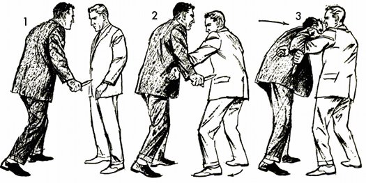 Vintage self defense illustration businessman defend against knife.