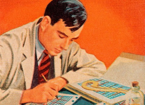 Vintage businessman working on charts graphs illustration.