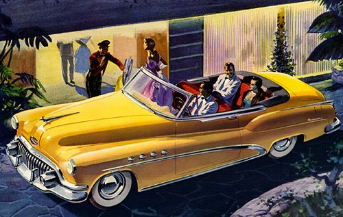 Vintage illustration man in yellow car using valet at hotel.