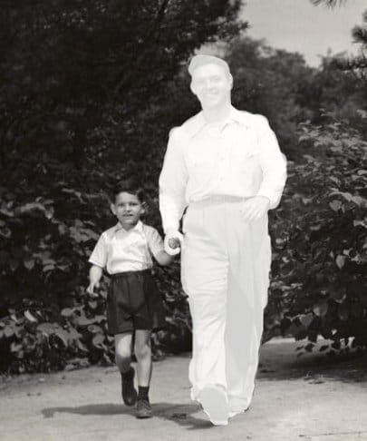 Vintage dad with son walking dad grayed out missing from picture.