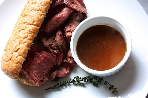 Vintage homemade roast beef au jus illustration.