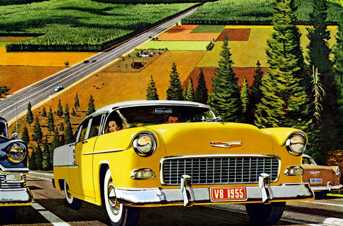 Vintage illustration yellow car automobile on highway farmland.