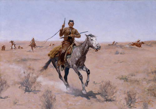 Cowboy painting man riding horse in desert with gun.