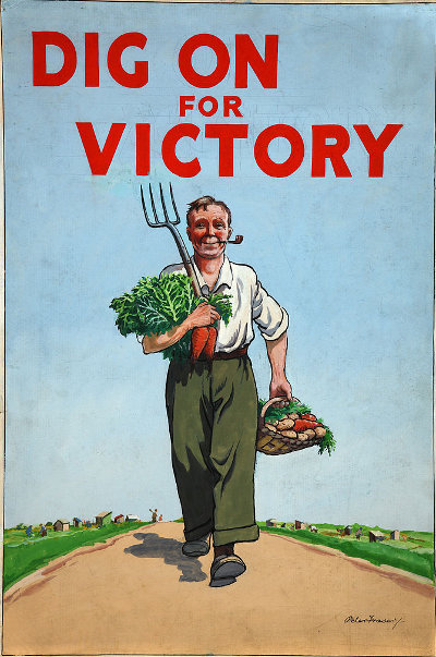 Vintage gardening poster dig on for victory.