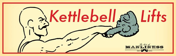 Kettlebell lifts vintage strongman illustration.