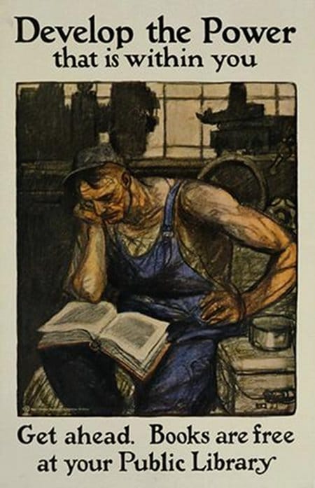 Vintage public library poster blue collar worker reading book. 