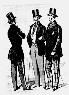 Illustration Victorian gentlemen talking in coats and top hats.