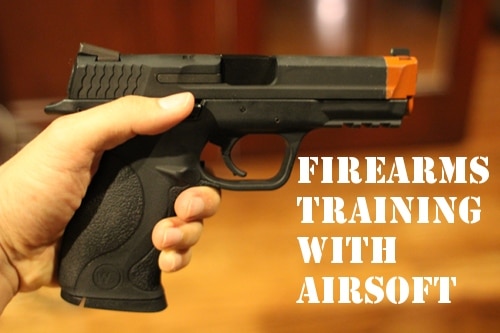 Black airsoft pistol firearms training.