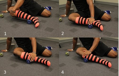 Using roller to apply pressure on side calf.